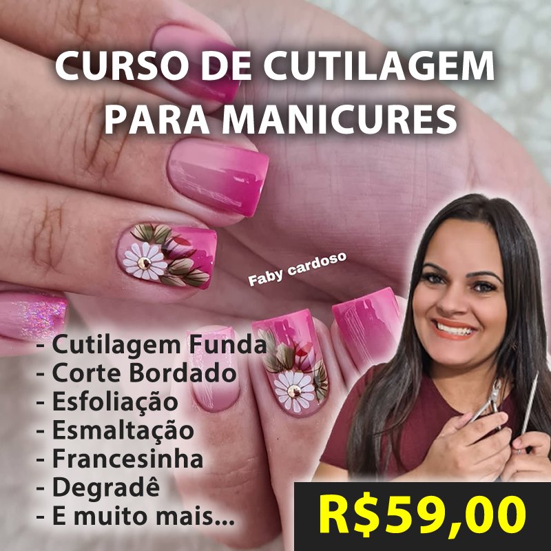 Imagem da instrutora Faby Cardoso e alguns conteúdos do curso. A imagem também contem o valor do curso, 59,90 e o link para adquirir. 