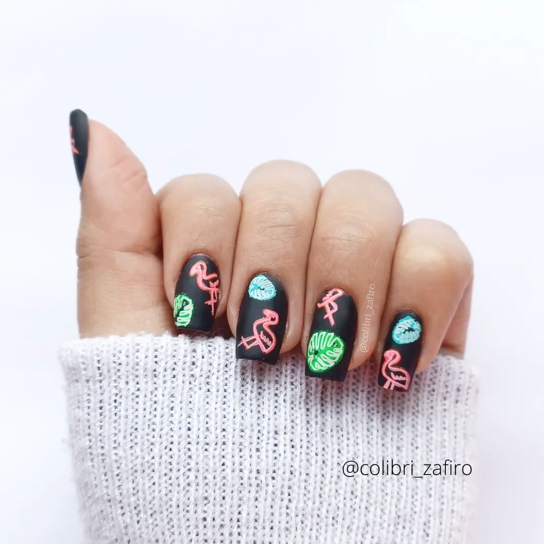 Black nails with colorful designs