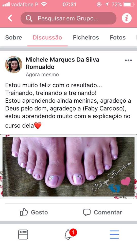 Depoimento de aluna do curso de cutilagem e foto das unhas do pés de cliente.