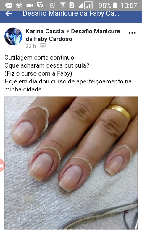 Depoimento de aluna do curso de cutilagem e foto de cutilagem perfeita das unhas da mãos 