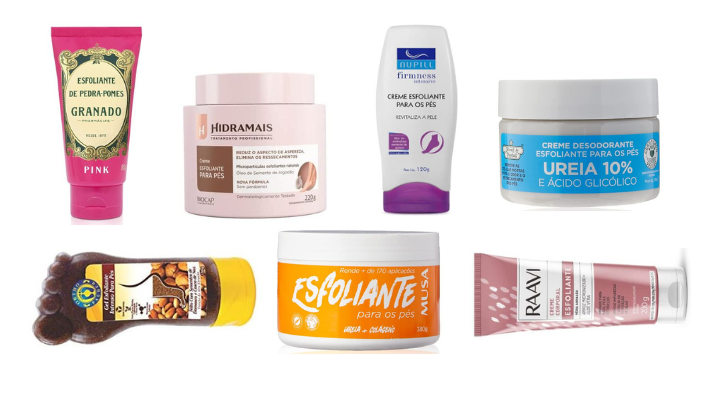 Esfoliantes para os pés: Esfoliante Pedra Pomes Pink, Creme Deo Massagem Esfoliante Pés Hidramais, Esfoliante Pés NUPILL, Creme Deo Esfoliante Pes, Gel Esfoliante Intenso para Pés, Musa Creme Esfoliante Pes, Esfoliante de Arroz Spa Care, Raavi