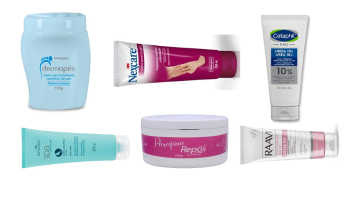 Hidratantes potentes para os pés: Dermopés, Creme para os Pés, Nexcare, Cetaphil Pro Ureia, Parafina Repos, Creme Hidratante Uréia Pés 3%. 