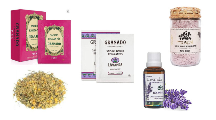 Foto com imagens dos produtos: Escalda Pés Granado | Sais de Banho Relaxantes | Sal de Banho Revigorante Açaí | Camomila a Granel | Óleo essencial de Lavanda | 