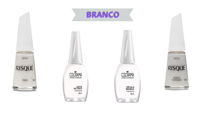 Esmaltes brancos que combinam com a pele morena: Esmalte Paris, Risqué, 8 Ml, Esmalte Colorama Leite de Coco, Esmalte Colorama Pétala Branca, Esmalte Bianco Puríssimo, Risqué, 8 Ml. 