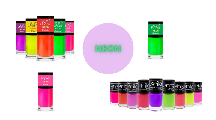 Esmaltes Neon que combinam com a pele negra: Kit com 5 esmaltes neon da Bella Brazil, Cheguei rosa Bella Brazil, Exagerou verde da Bella Brazil, Kit 9 esmaltes neon da Anita.