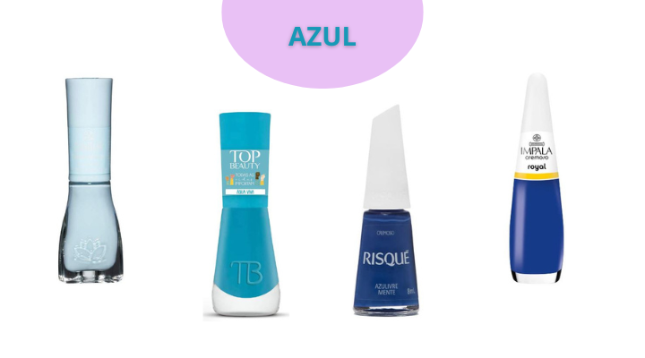 Esmaltes azuis que combinam com a pele negra: Nuvem de algodão Dailus, Água viva Top Beauty, Azulivre mente Risque, Azul royal Impala. 