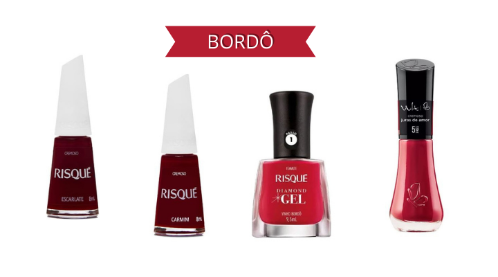 Esmaltes bordô que combinam a pele morena: Esmalte Cremoso Escarlate, Risqué, 8 Ml, Esmalte Carmim, Risqué, 8 Ml, Esmalte Risqué Diamond Gel Vinho Bordô Cremoso 9,5 Ml, VULT ESMALTE 5F JURAS DE AMOR 033 8ML