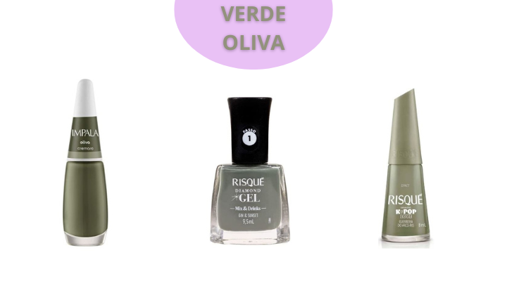 Esmalte verde oliva que combinam com a pele negra: Oliva comercial Impala, Gin & Sunset e Verde militar Guerreira do arco íris Risque.