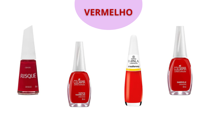 Esmaltes vermelhos que combinam com a pele negra: Desejo da Risque, Tapete vermelho da Colorama, Madonna da Impala, Gabriele da Colorama. 