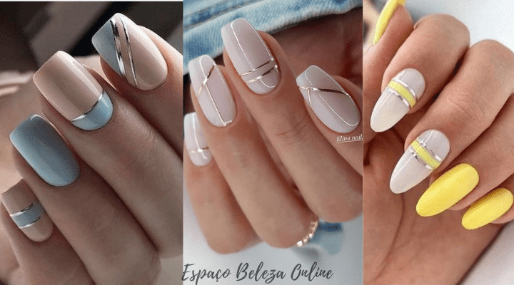 Unhas Decoradas Delicadas com fitas metálicas