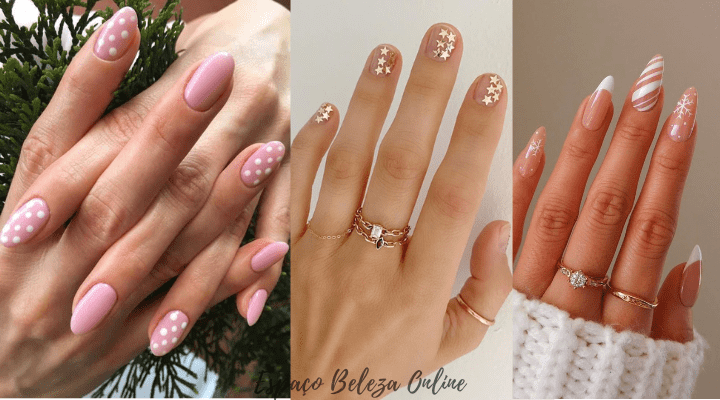 Unhas Decoradas Delicadas com poás, estrelas e listras