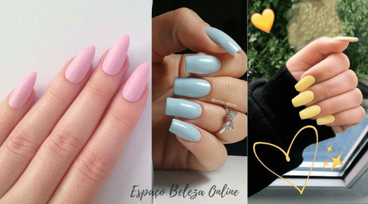 Unhas Decoradas Delicadas nos tons rosa claro, azul bebê e amarelo pastel